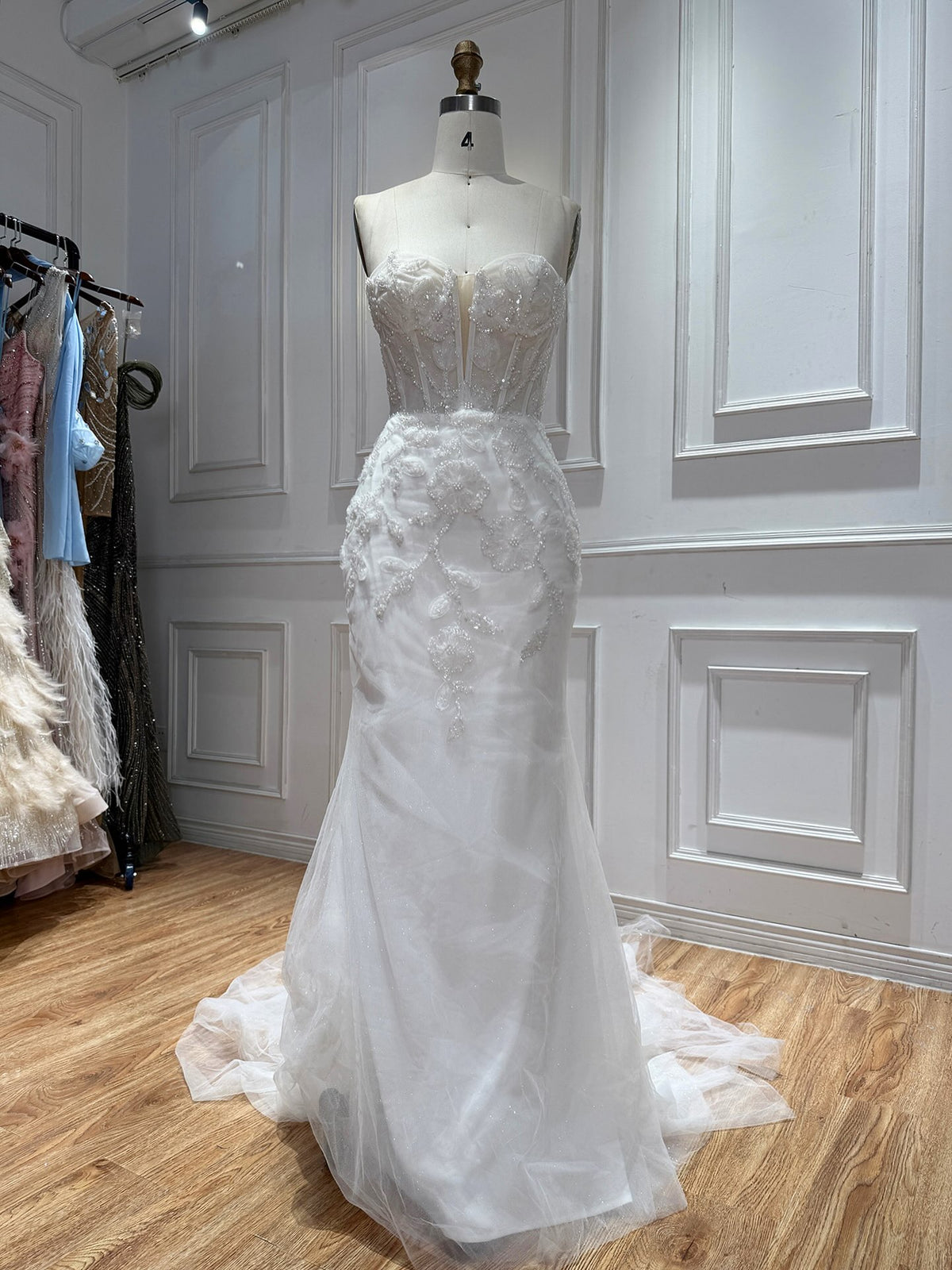 Elegant White Pearl Beaded Mermaid Wedding Dress HA2583