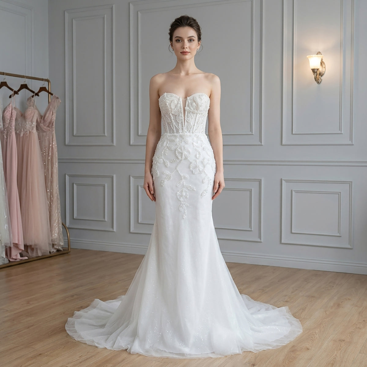Elegant White Pearl Beaded Mermaid Wedding Dress HA2583