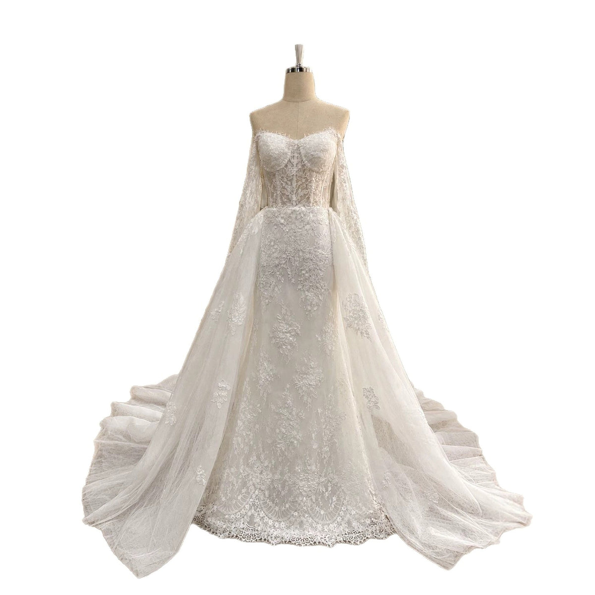 White Lace Off Shoulder Long Sleeve A Line Wedding Dress HA2596