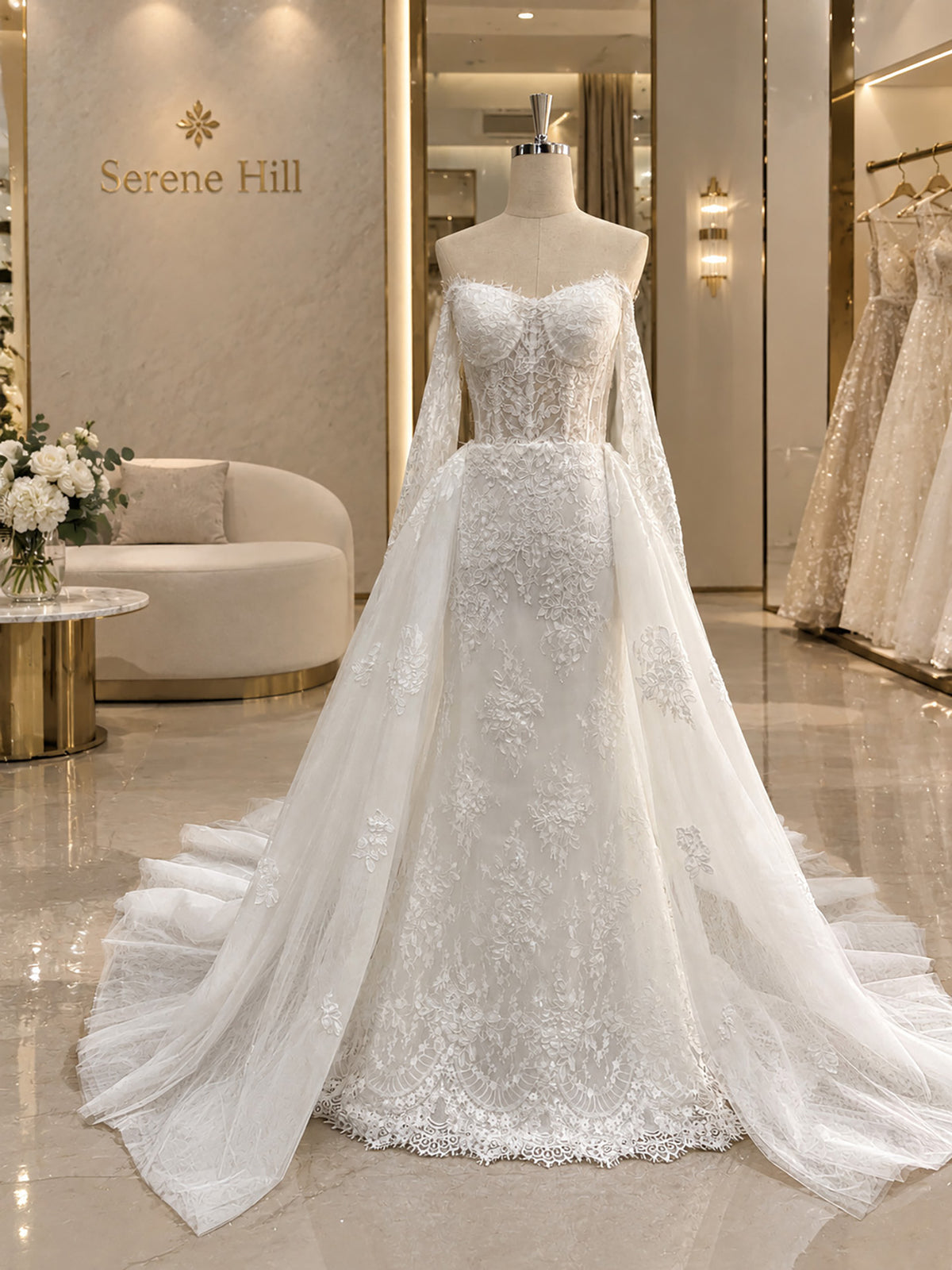 White Lace Off Shoulder Long Sleeve A Line Wedding Dress HA2596