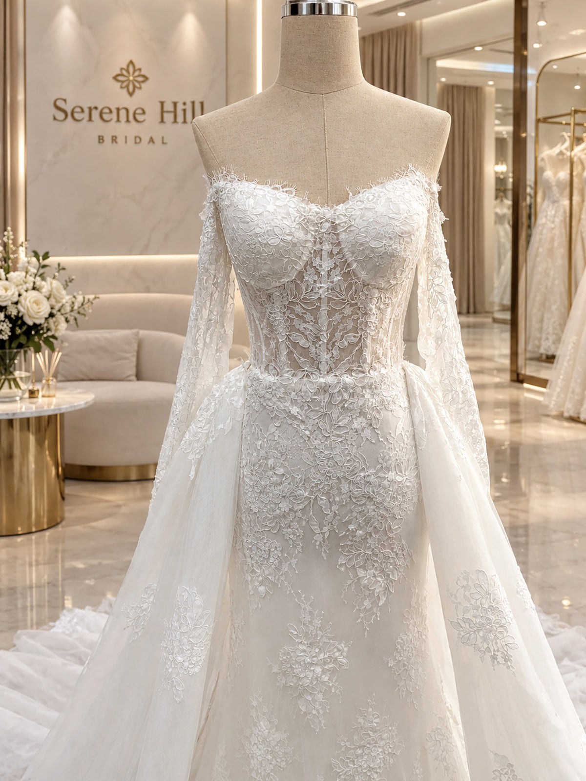White Lace Off Shoulder Long Sleeve A Line Wedding Dress HA2596