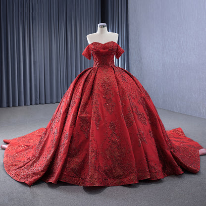 Luxury Gold Off-Shoulder Pearls Beaded Ball Gown HM231147