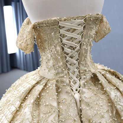 Luxury Gold Off-Shoulder Pearls Beaded Ball Gown HM231147