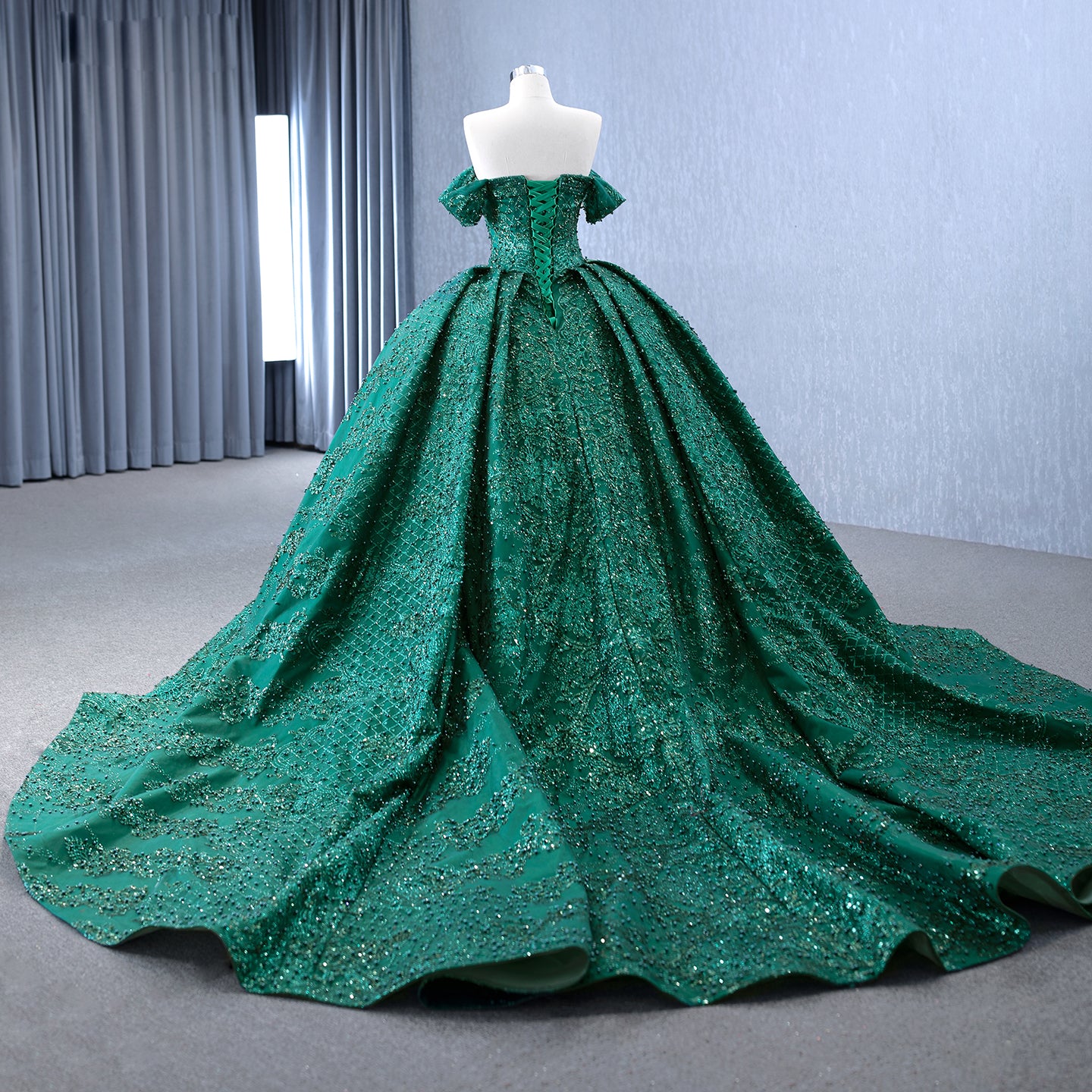 Luxury Gold Off-Shoulder Pearls Beaded Ball Gown HM231147