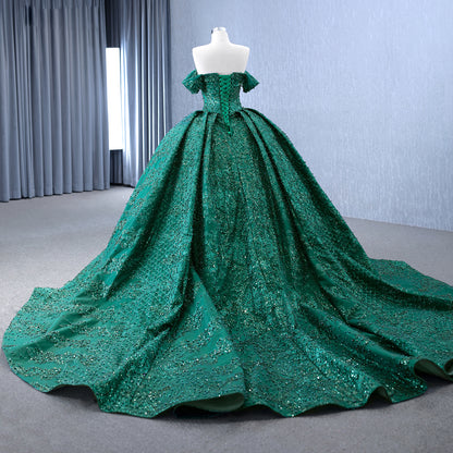 Luxury Gold Off-Shoulder Pearls Beaded Ball Gown HM231147