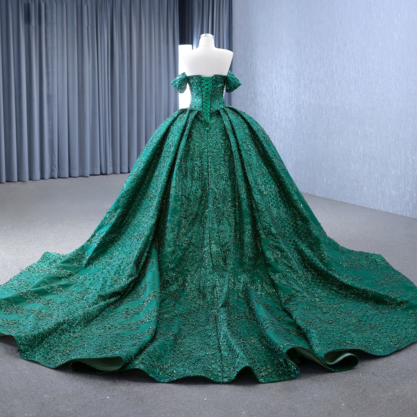 Luxury Gold Off-Shoulder Pearls Beaded Ball Gown HM231147