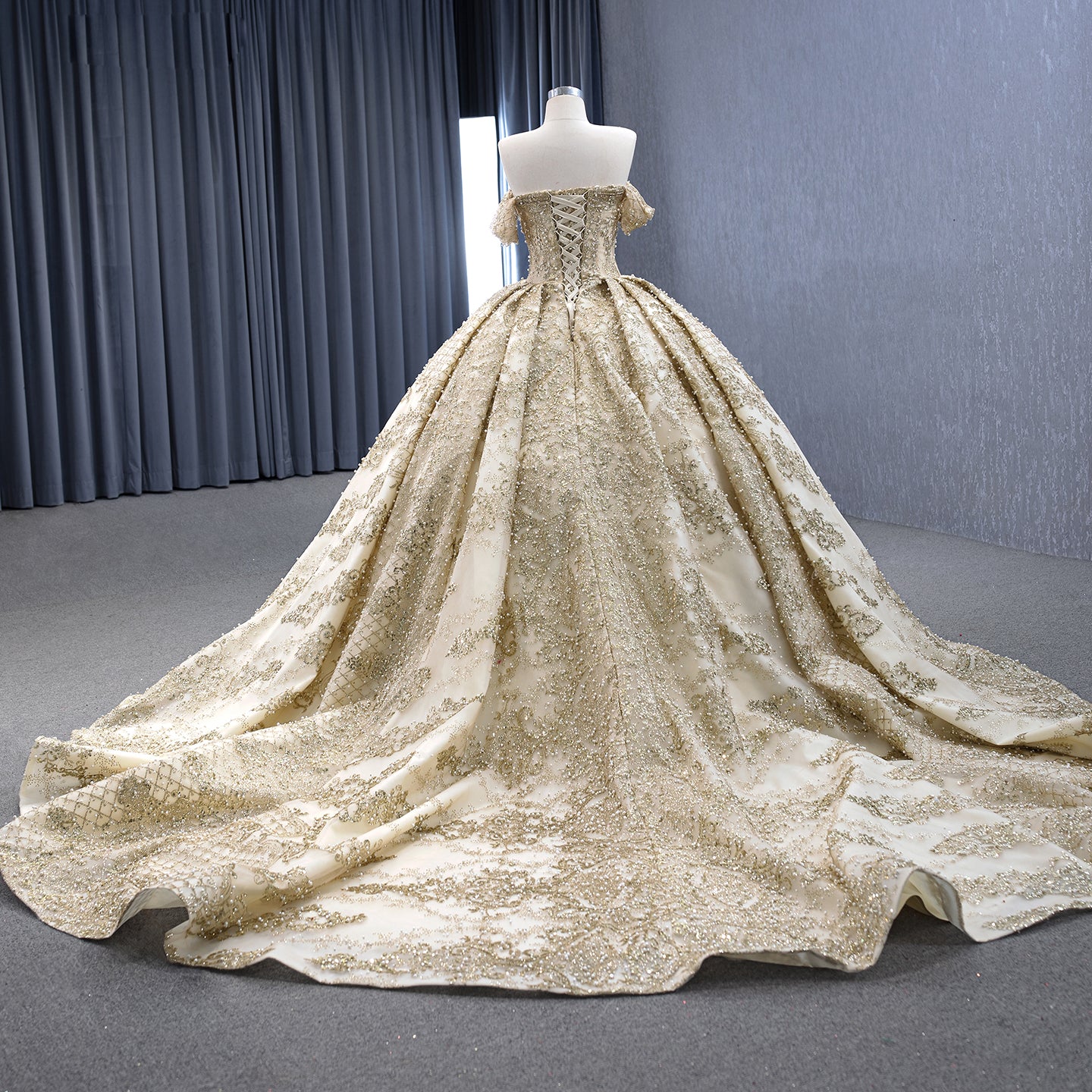 Luxury Gold Off-Shoulder Pearls Beaded Ball Gown HM231147
