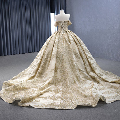 Luxury Gold Off-Shoulder Pearls Beaded Ball Gown HM231147