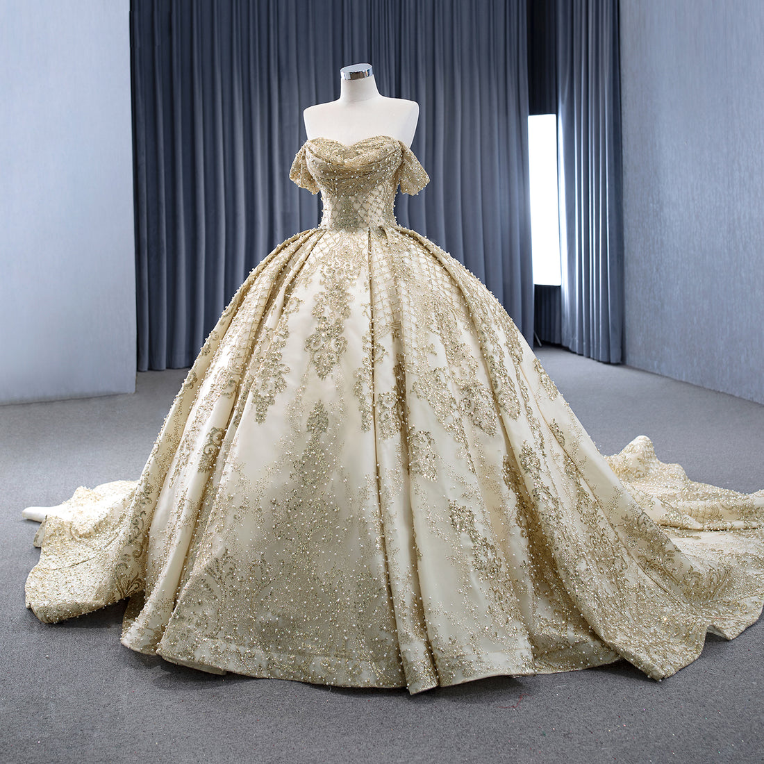 Luxury Gold Off-Shoulder Pearls Beaded Ball Gown HM231147