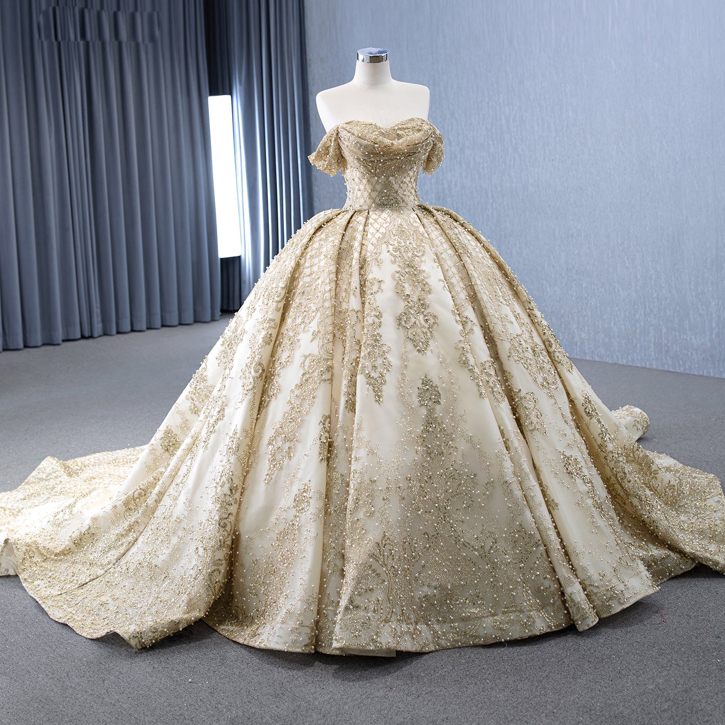 Luxury Gold Off-Shoulder Pearls Beaded Ball Gown HM231147