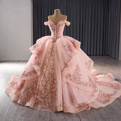 Luxury Blush Pink Strapless Floral Beaded Ball Gown HM241071