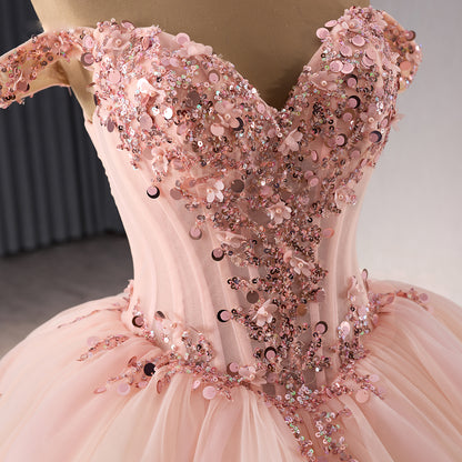 Luxury Blush Pink Strapless Floral Beaded Ball Gown HM241071