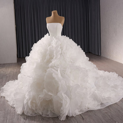 Luxury White Strapless 3D Floral Tulle Ball Gown HM241086