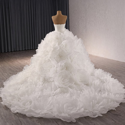 Luxury White Strapless 3D Floral Tulle Ball Gown HM241086