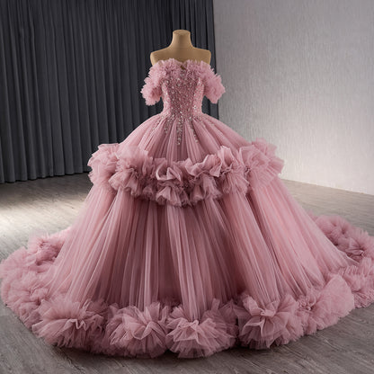 Luxury Blush Pink Off Shoulder Ruffle Tulle Ball Gown HM241098