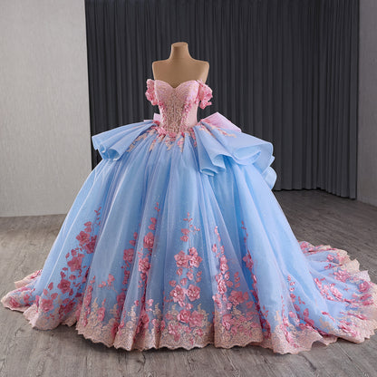 Luxury Blue Pink Off-Shoulder Bow Floral Beaded Ball Gown HM241110B - SERENE  HILL