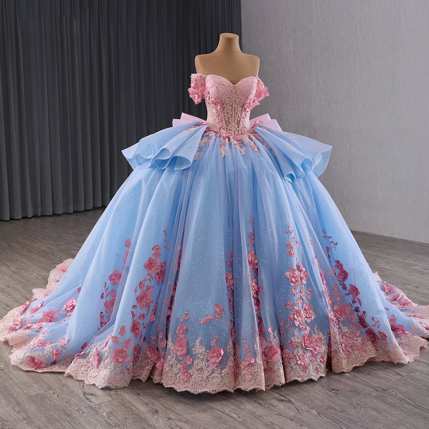Luxury Blue Pink Off-Shoulder Bow Floral Beaded Ball Gown HM241110B - SERENE  HILL