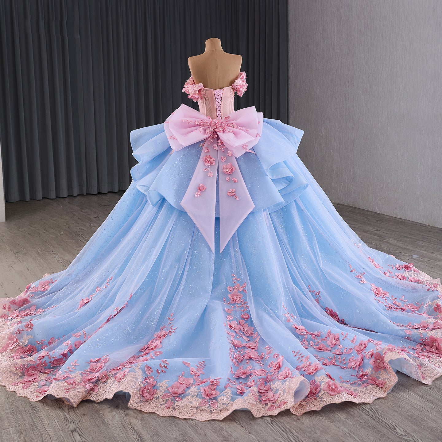 Luxury Blue Pink Off-Shoulder Bow Floral Beaded Ball Gown HM241110B - SERENE  HILL