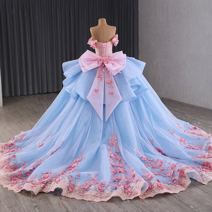 Luxury Blue Pink Off-Shoulder Bow Floral Beaded Ball Gown HM241110B - SERENE  HILL