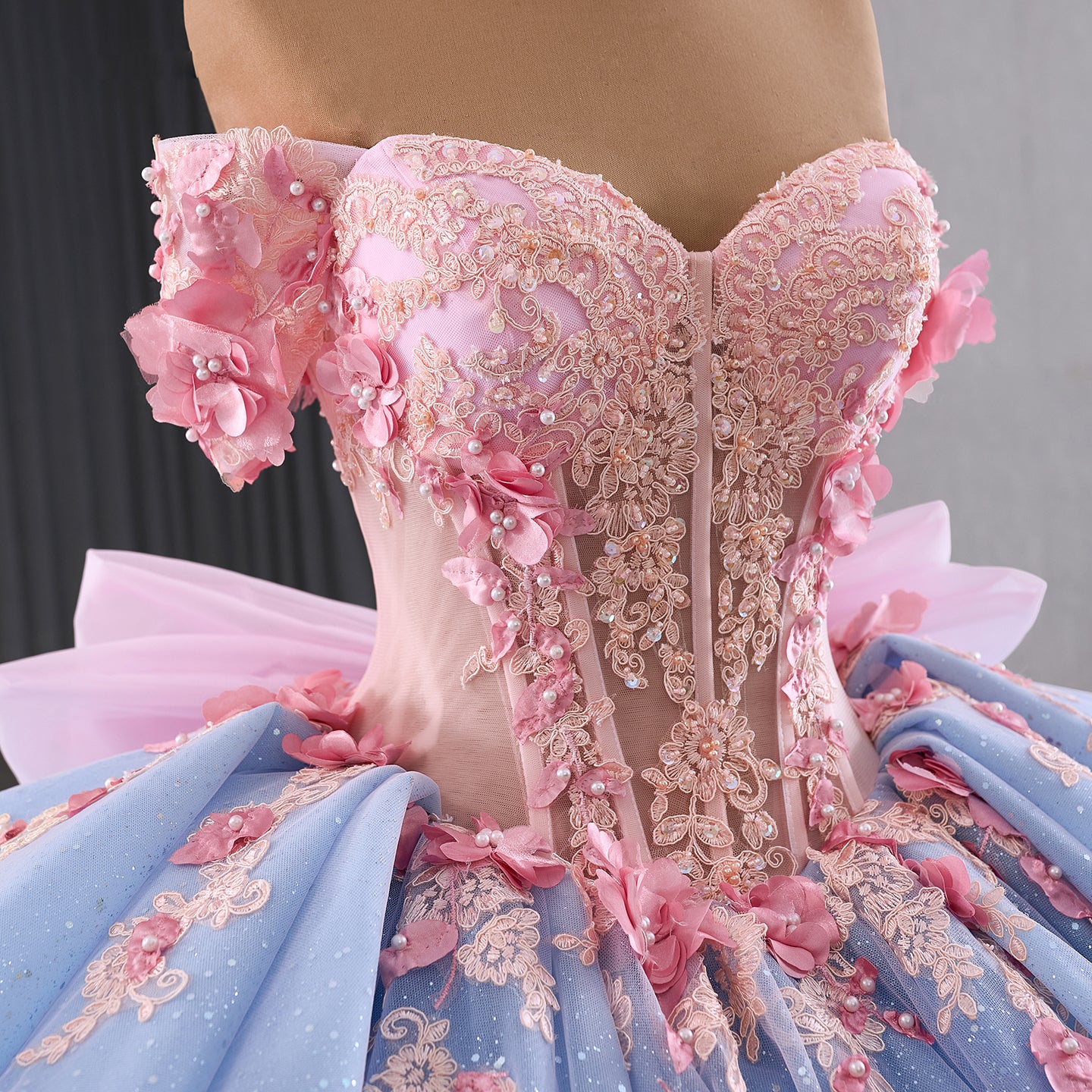 Luxury Blue Pink Off-Shoulder Bow Floral Beaded Ball Gown HM241110B - SERENE  HILL
