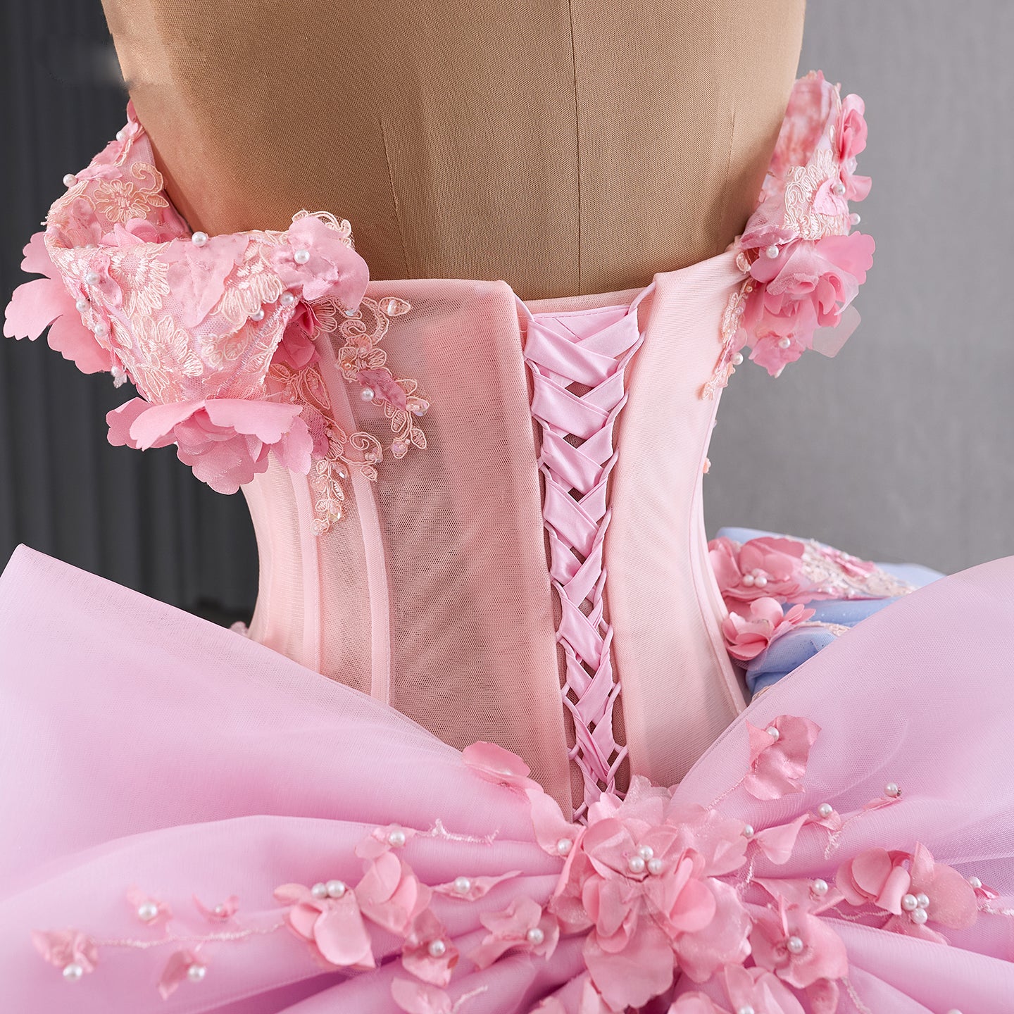Luxury Blue Pink Off-Shoulder Bow Floral Beaded Ball Gown HM241110B - SERENE  HILL