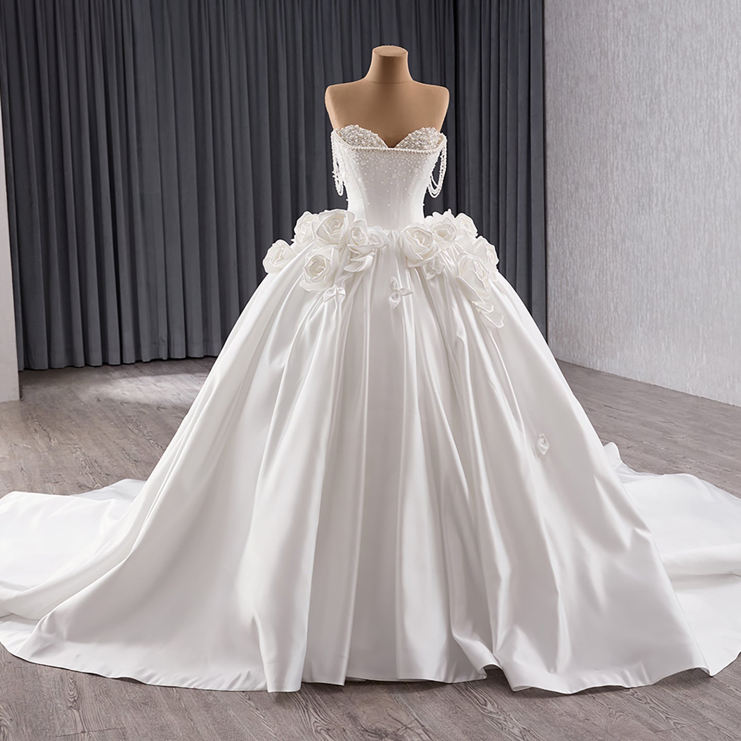 Luxury White Pearl Beaded 3D Floral Off-Shoulder Wedding Dress HM241140 - SERENE  HILL