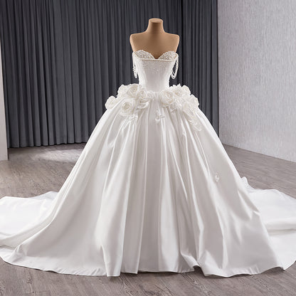 Luxury White Pearl Beaded 3D Floral Off-Shoulder Wedding Dress HM241140 - SERENE  HILL