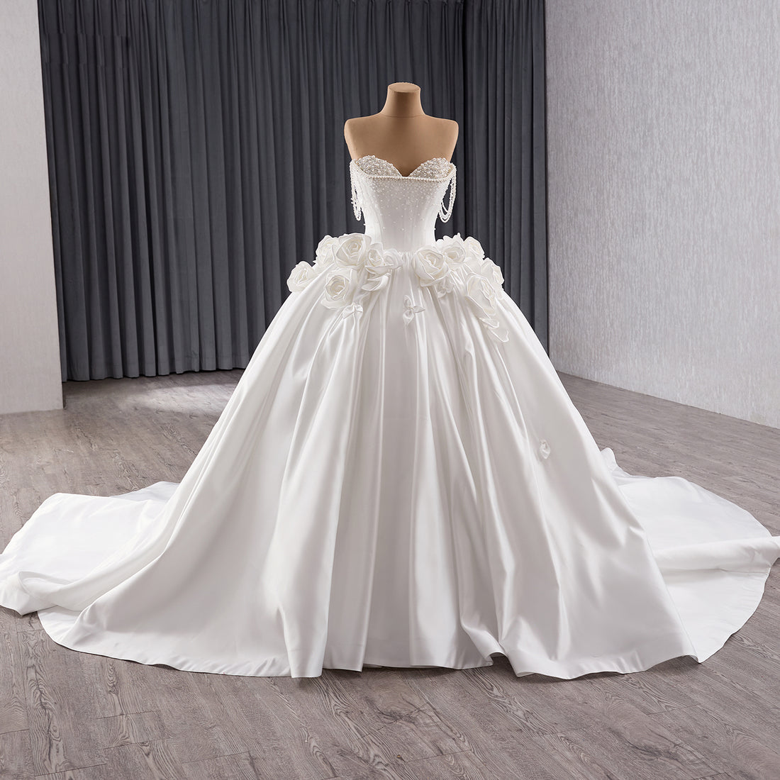Luxury White Pearl Beaded 3D Floral Off-Shoulder Wedding Dress HM241140 - SERENE  HILL