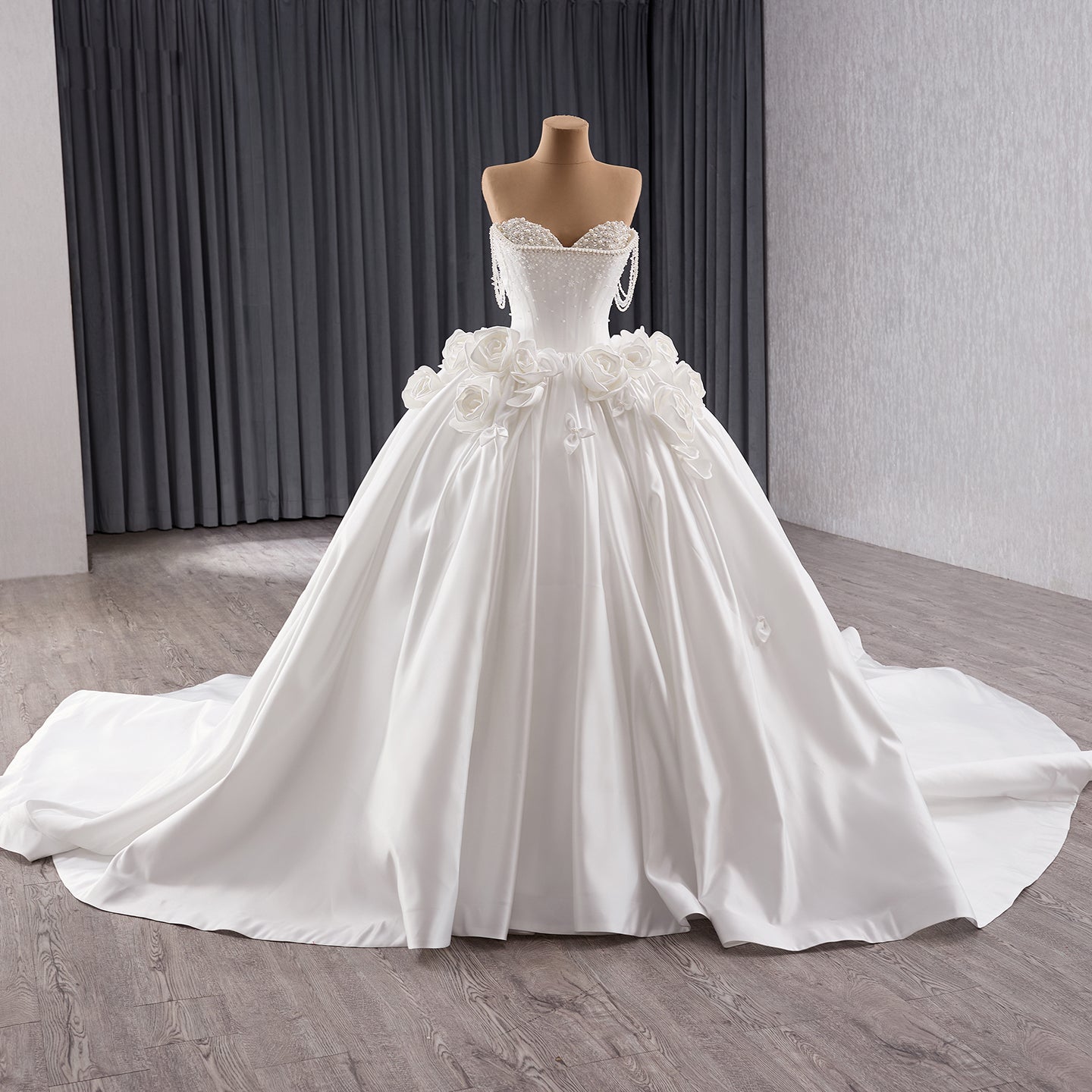 Luxury White Pearl Beaded 3D Floral Off-Shoulder Wedding Dress HM241140 - SERENE  HILL