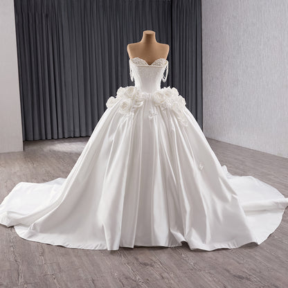 Luxury White Pearl Beaded 3D Floral Off-Shoulder Wedding Dress HM241140 - SERENE  HILL