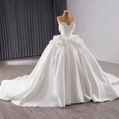 Luxury White Pearl Beaded 3D Floral Off-Shoulder Wedding Dress HM241140 - SERENE  HILL