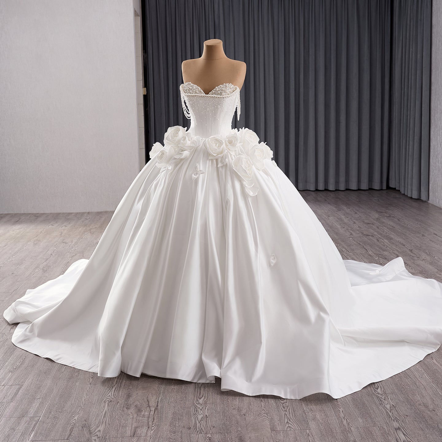 Luxury White Pearl Beaded 3D Floral Off-Shoulder Wedding Dress HM241140 - SERENE  HILL