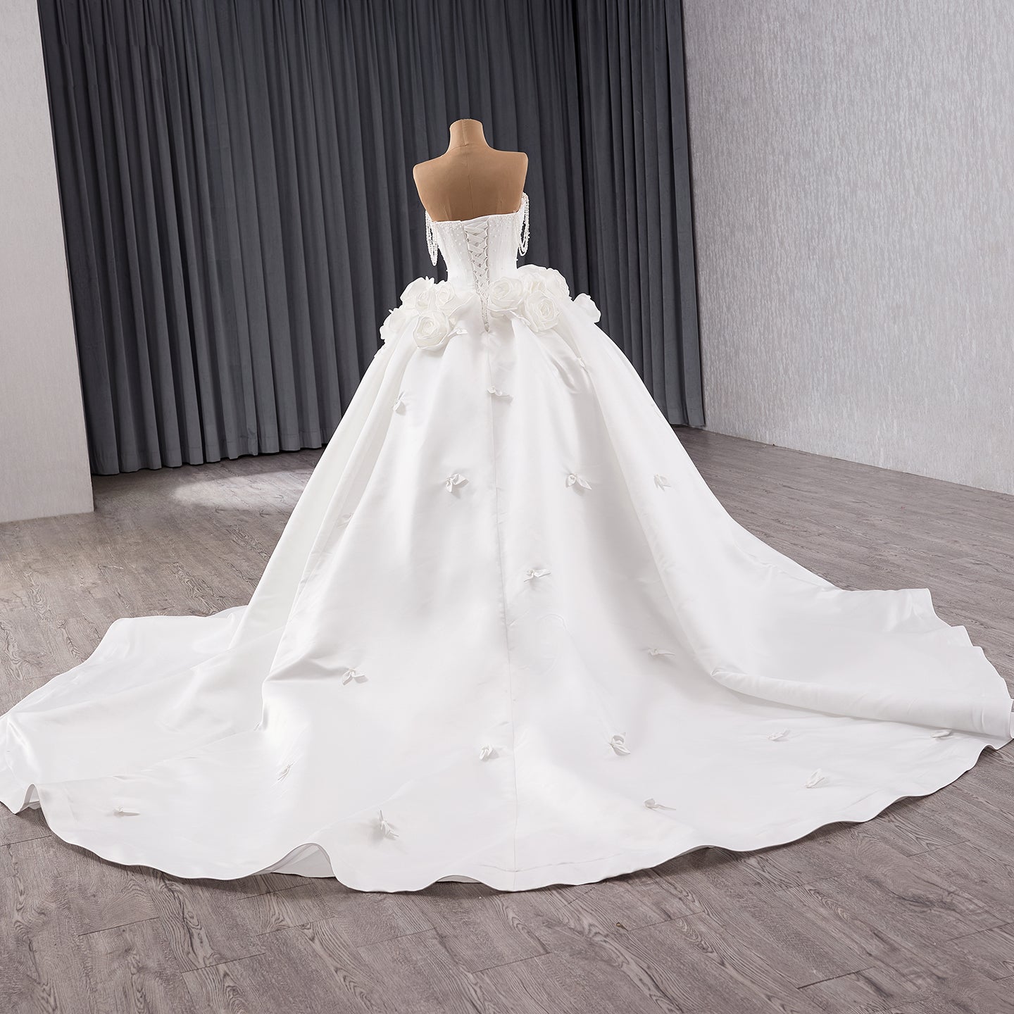 Luxury White Pearl Beaded 3D Floral Off-Shoulder Wedding Dress HM241140 - SERENE  HILL