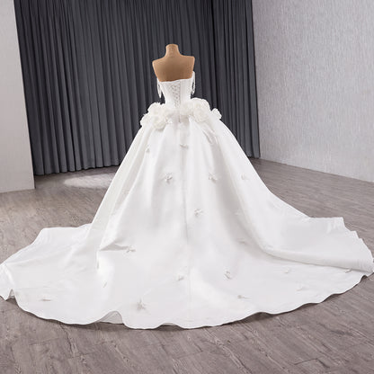 Luxury White Pearl Beaded 3D Floral Off-Shoulder Wedding Dress HM241140 - SERENE  HILL