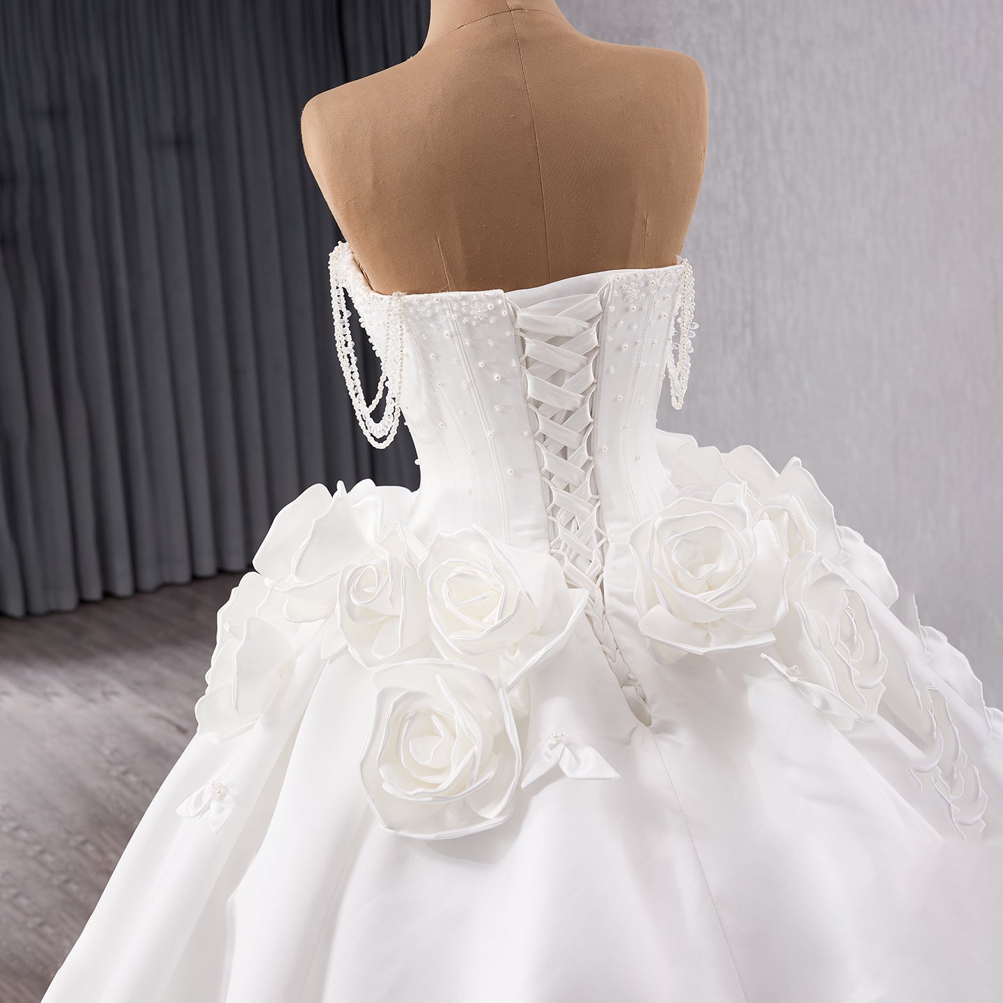 Luxury White Pearl Beaded 3D Floral Off-Shoulder Wedding Dress HM241140 - SERENE  HILL