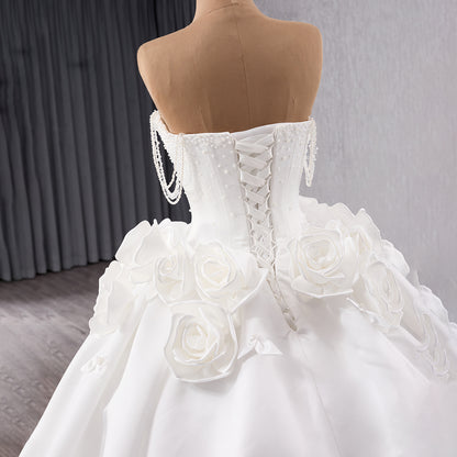 Luxury White Pearl Beaded 3D Floral Off-Shoulder Wedding Dress HM241140 - SERENE  HILL