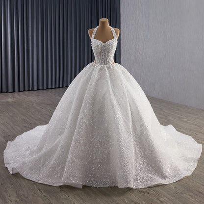 Luxury White Halter Floral Appliques Ball Gown Wedding Dress HM251085 - SERENE  HILL
