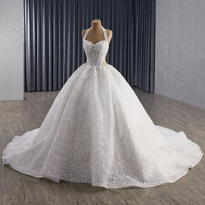 Luxury White Halter Floral Appliques Ball Gown Wedding Dress HM251085 - SERENE  HILL