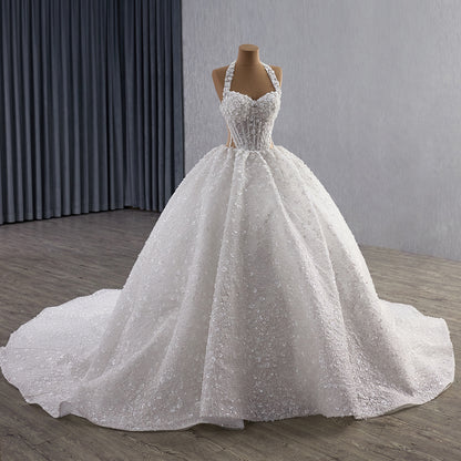 Luxury White Halter Floral Appliques Ball Gown Wedding Dress HM251085 - SERENE  HILL