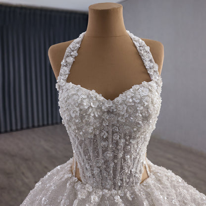 Luxury White Halter Floral Appliques Ball Gown Wedding Dress HM251085 - SERENE  HILL