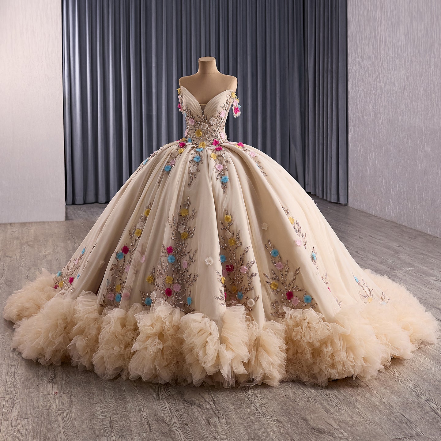 Luxury Nude Off-Shoulder Floral 3D Appliques Ball Gown HM251088 - SERENE  HILL