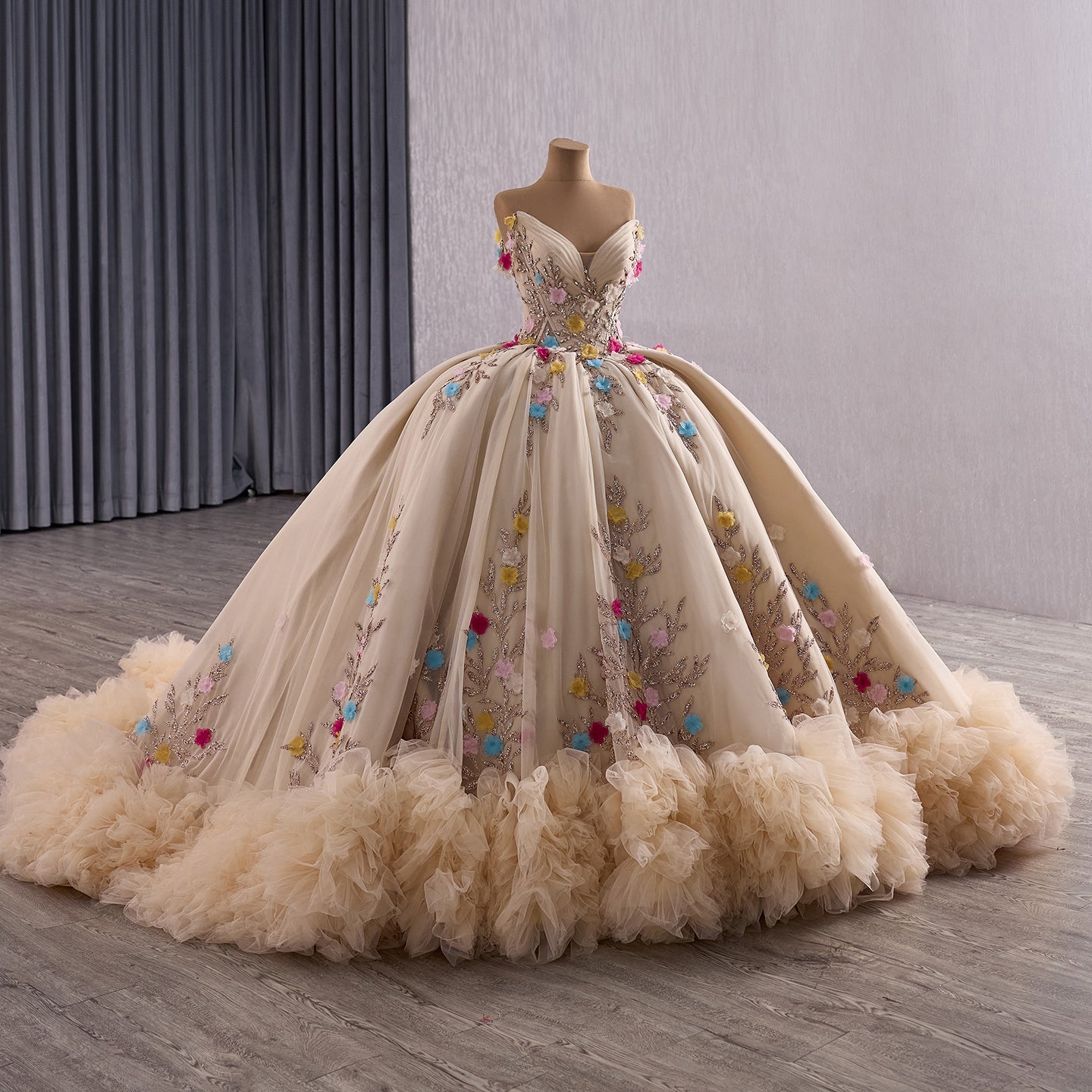 Luxury Nude Off-Shoulder Floral 3D Appliques Ball Gown HM251088 - SERENE  HILL