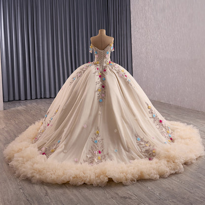 Luxury Nude Off-Shoulder Floral 3D Appliques Ball Gown HM251088 - SERENE  HILL