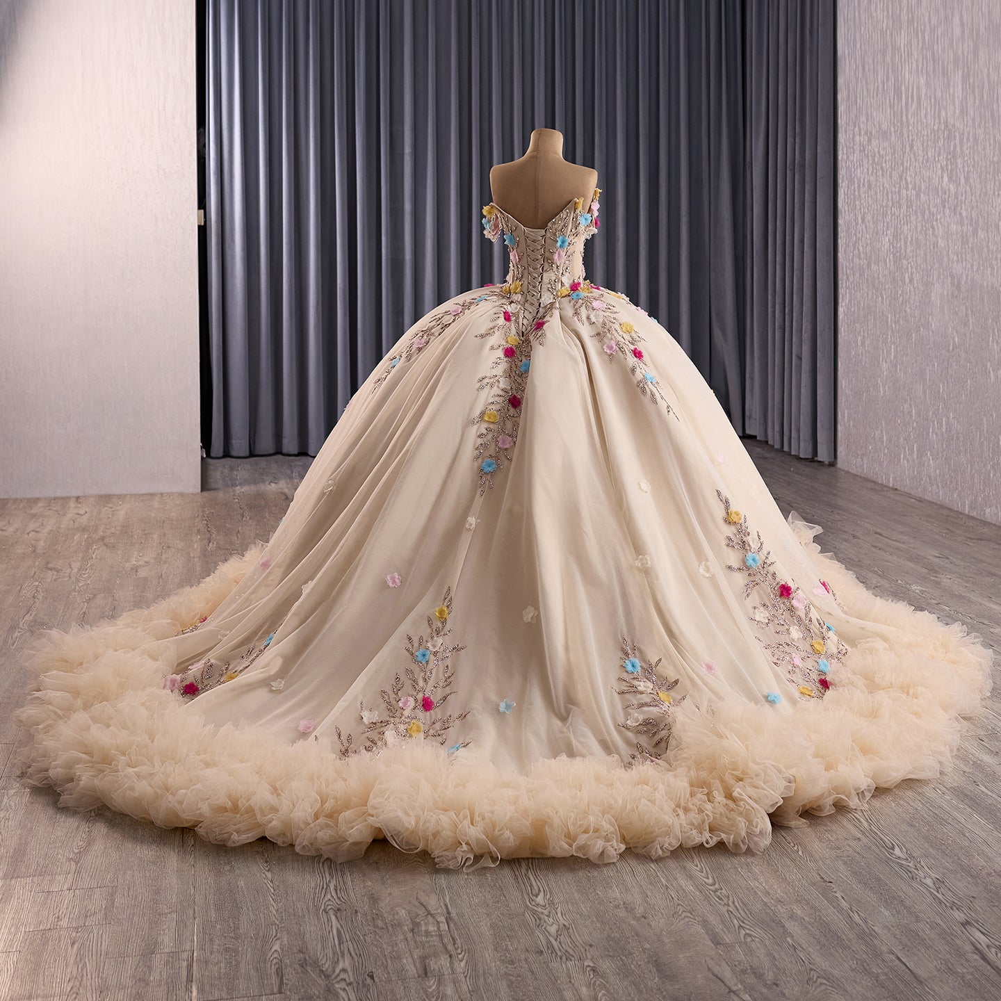 Luxury Nude Off-Shoulder Floral 3D Appliques Ball Gown HM251088 - SERENE  HILL