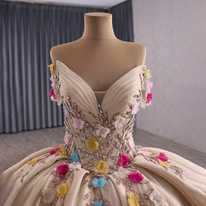 Luxury Nude Off-Shoulder Floral 3D Appliques Ball Gown HM251088 - SERENE  HILL
