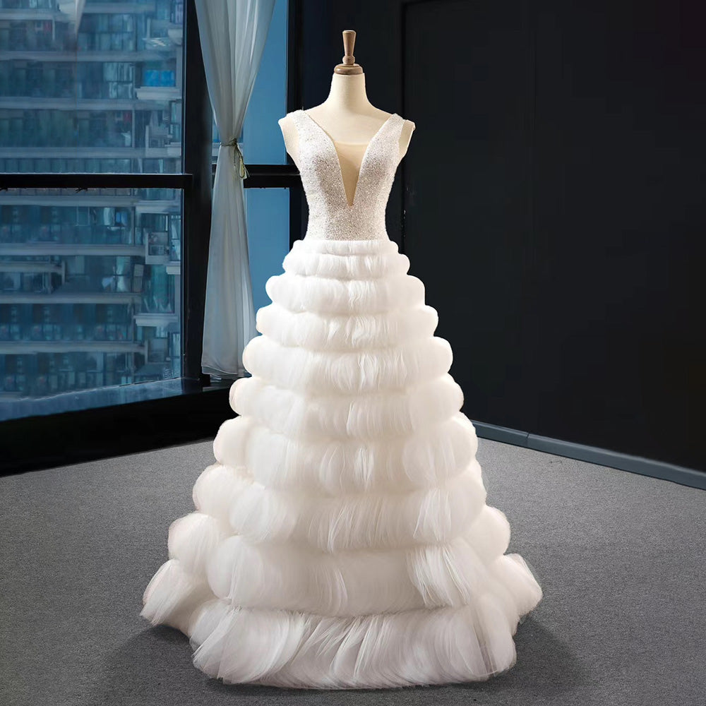 Luxury Blue Puffy Wedding Dress Deep Beaded Tulle Evening Dress MH66931 - SERENE HILL