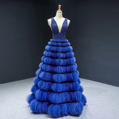 Luxury Blue Puffy Wedding Dress Deep Beaded Tulle Evening Dress MH66931 - SERENE HILL