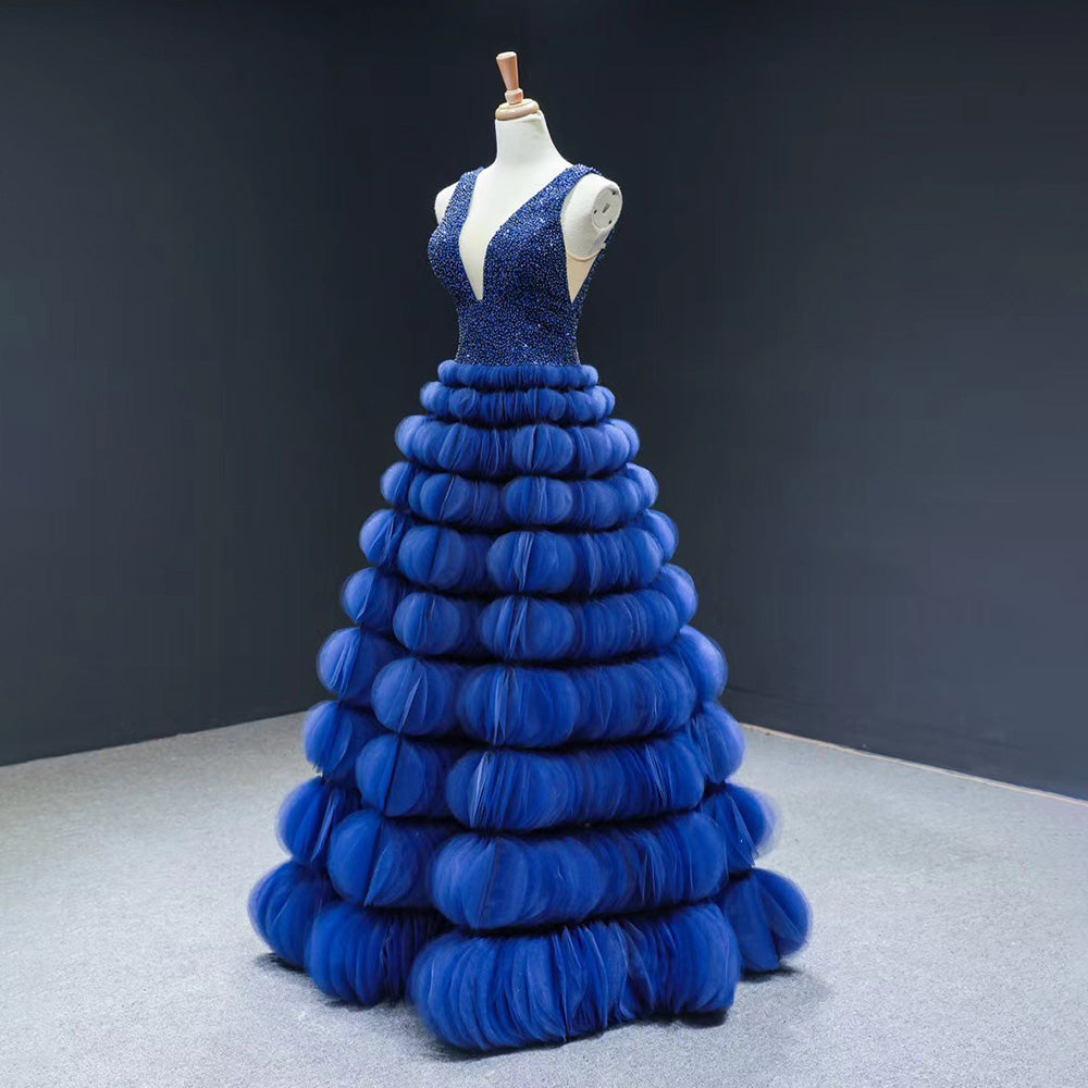 Luxury Blue Puffy Wedding Dress Deep Beaded Tulle Evening Dress MH66931 - SERENE HILL