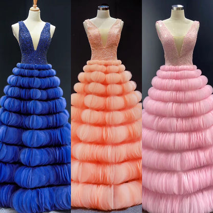 Luxury Blue Puffy Wedding Dress Deep Beaded Tulle Evening Dress MH66931 - SERENE HILL