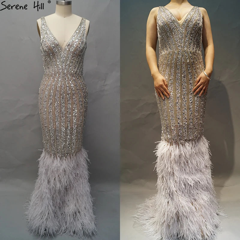 Luxury Silver Feather Mermaid V-Neck Evening Dress LA60749 - SERENE HILL